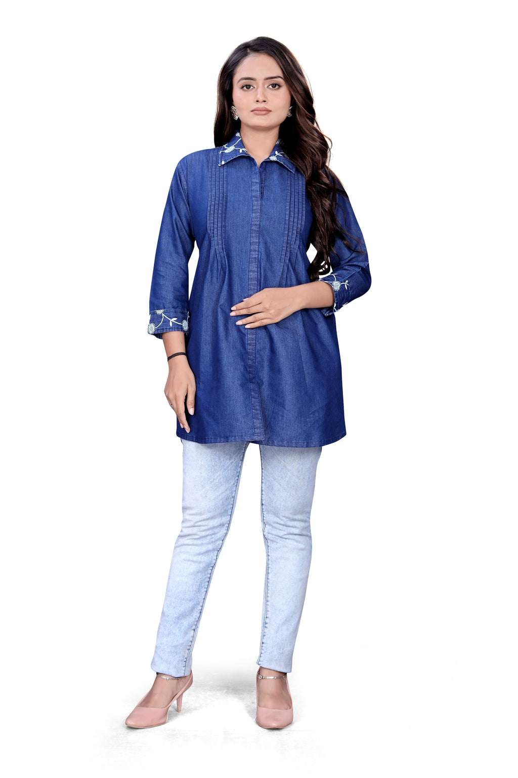 Pintex Top Women’s Stylish Denim Kurti Top with Embroidered Collar & Cuffs