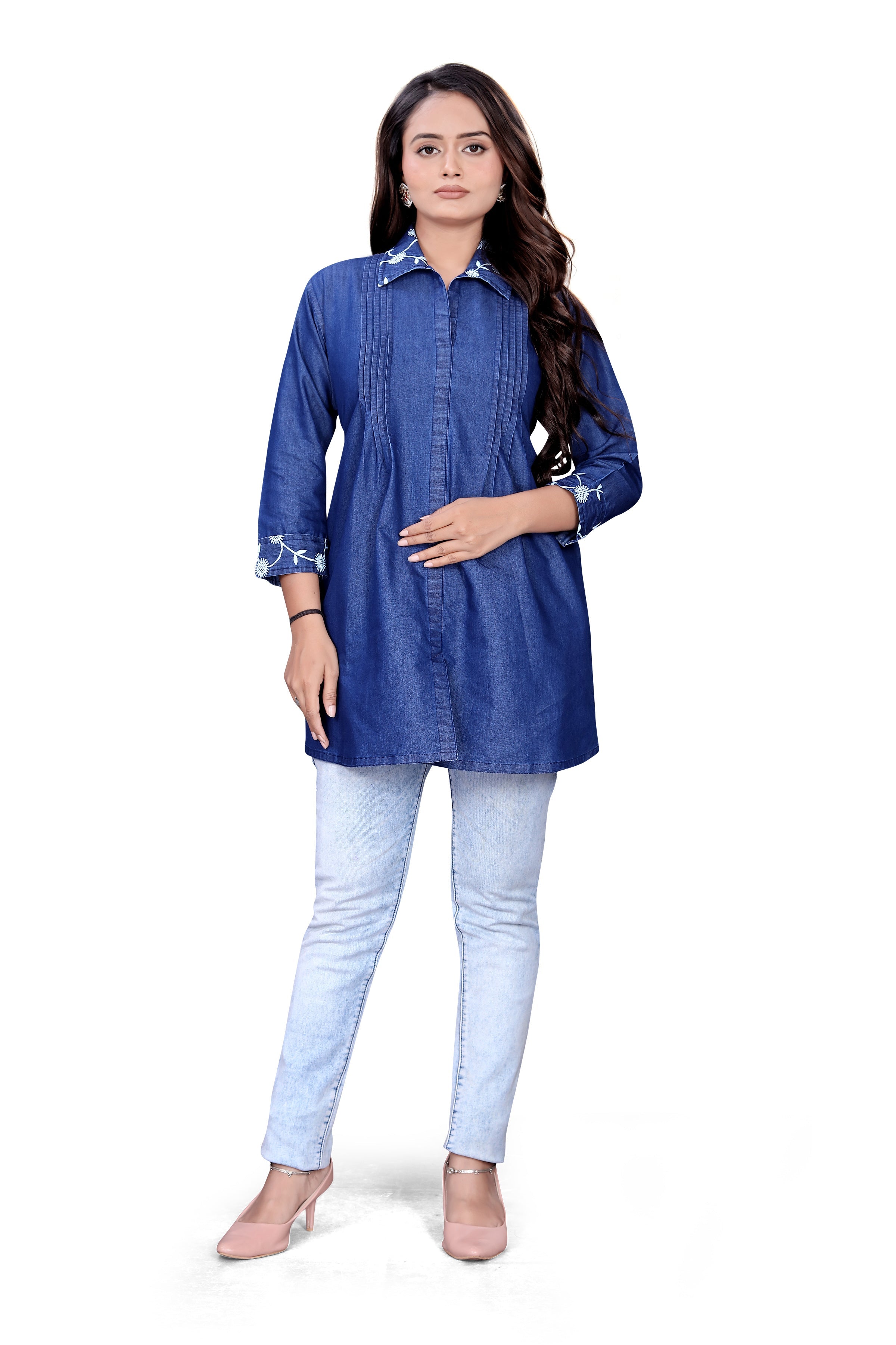 Pintex Top Women’s Stylish Denim Kurti Top with Embroidered Collar & Cuffs