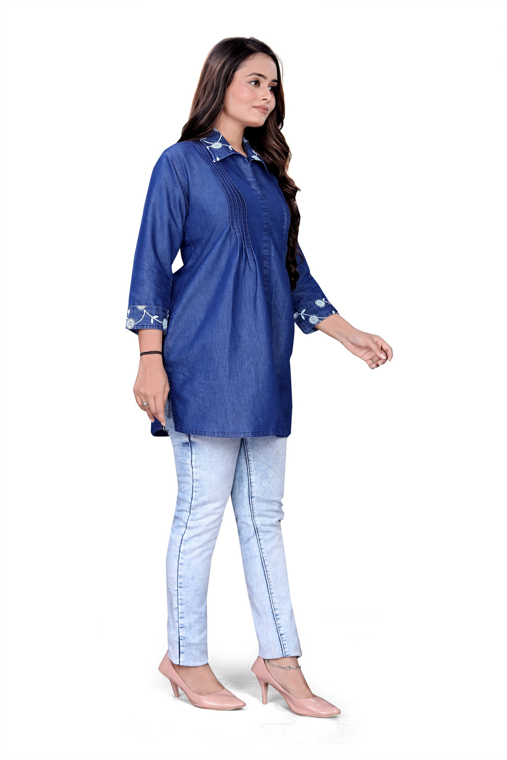 Pintex Top Women’s Stylish Denim Kurti Top with Embroidered Collar & Cuffs