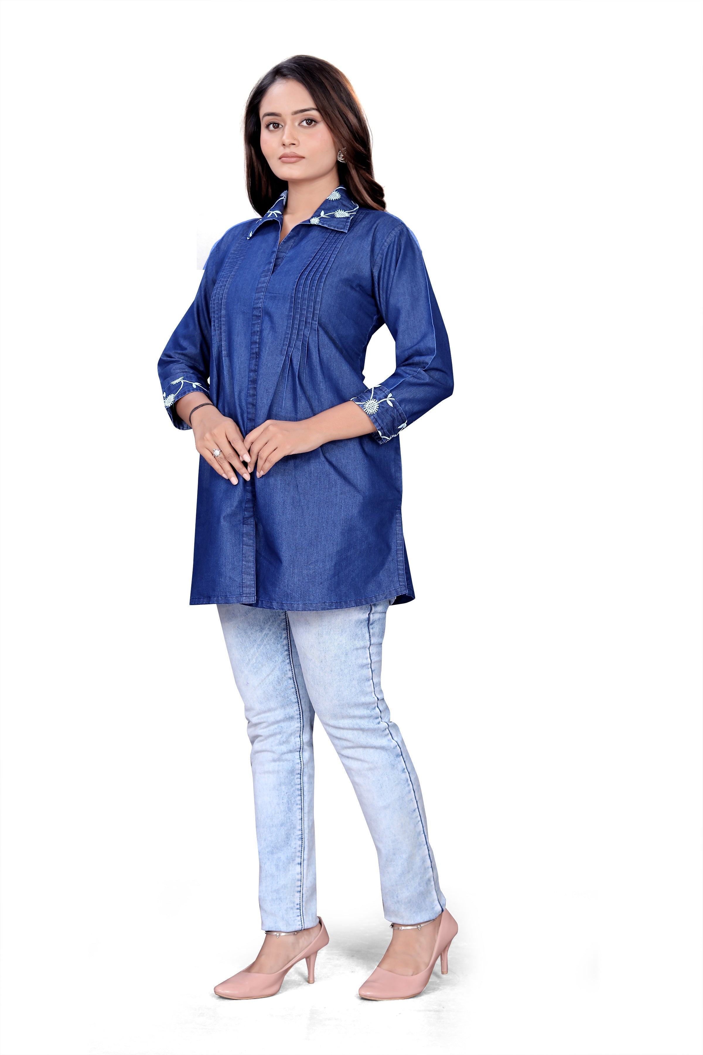 Pintex Top Women’s Stylish Denim Kurti Top with Embroidered Collar & Cuffs