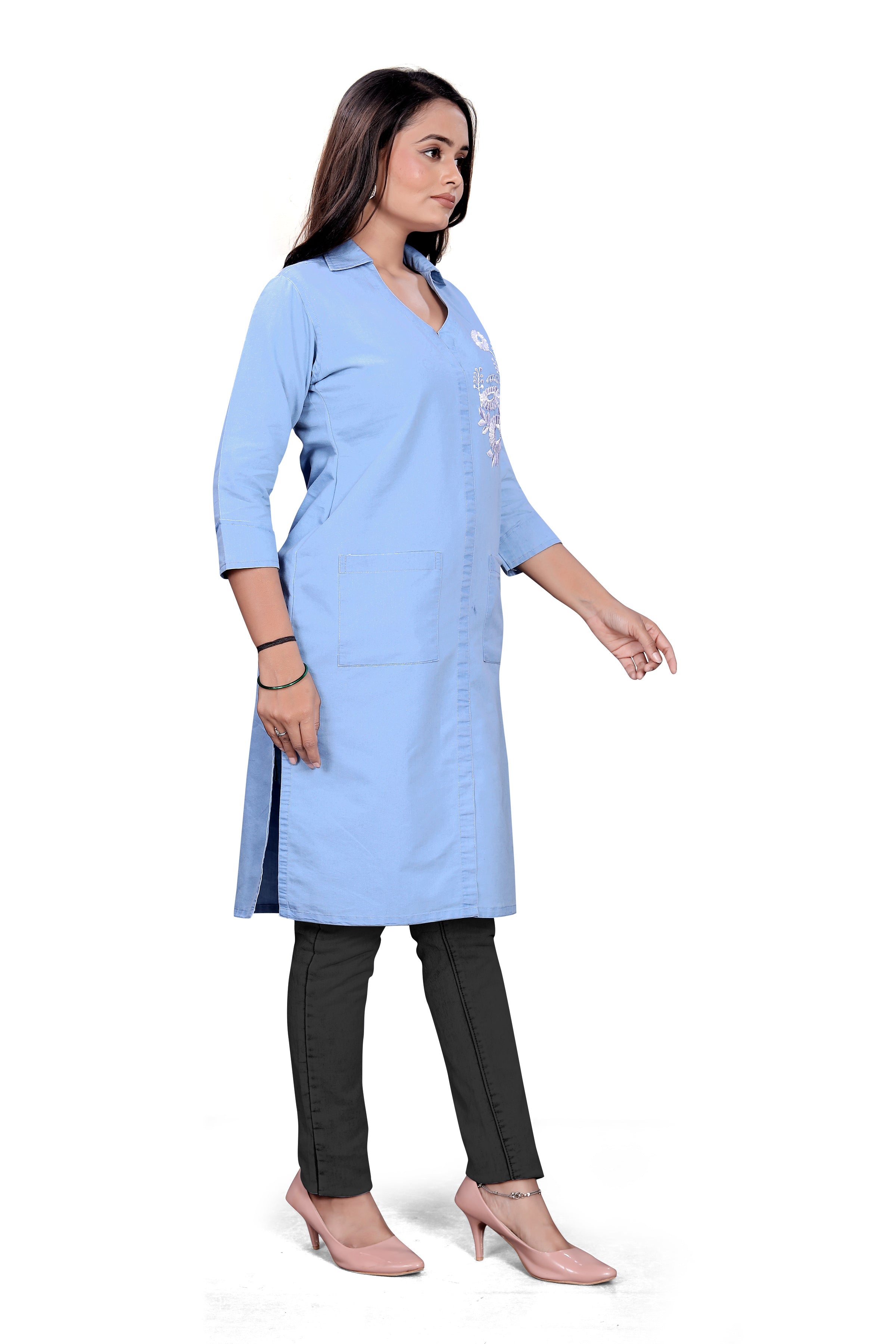 Embroidery Butta Light Blue Denim Kurti with Floral Embroidery