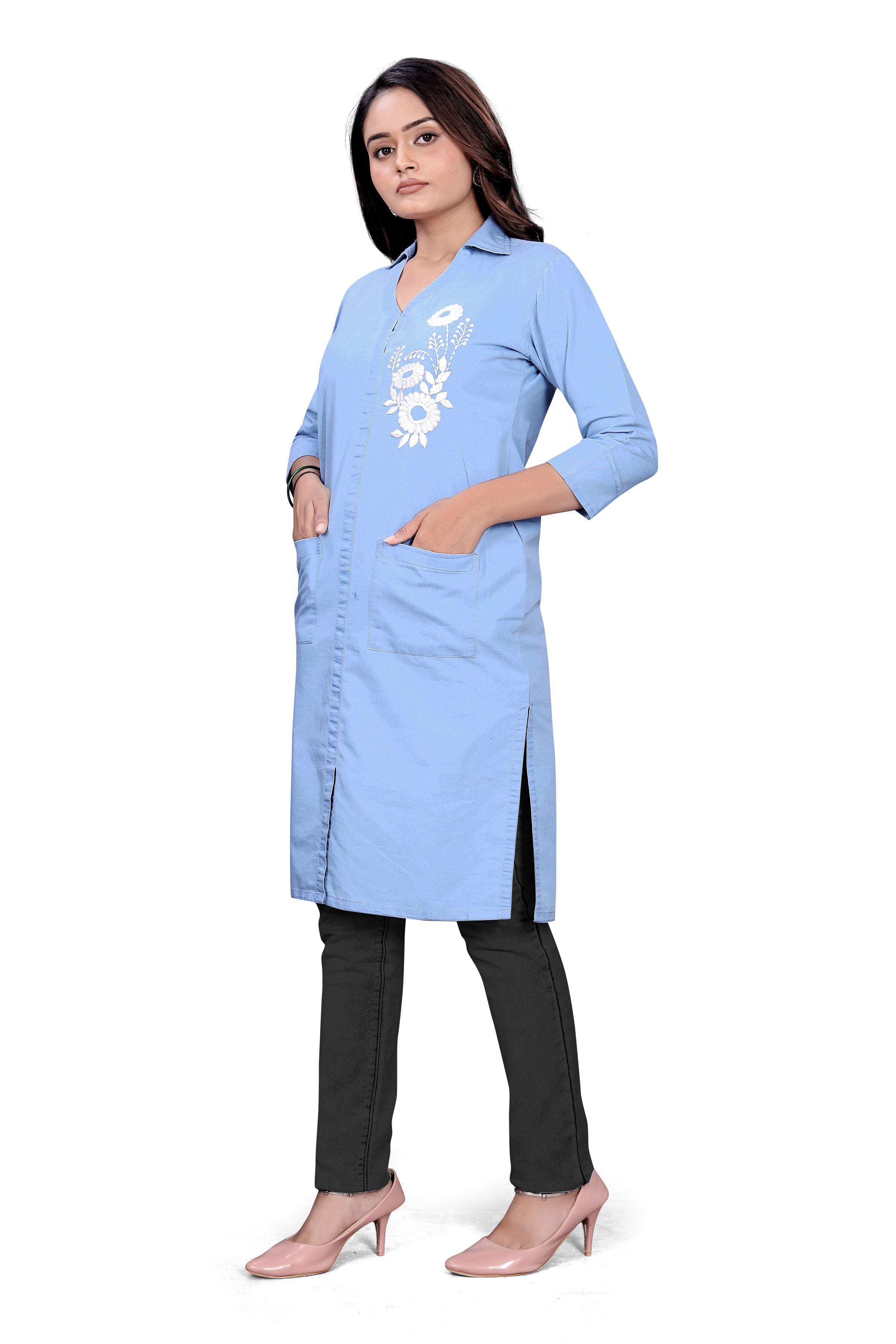 Embroidery Butta Light Blue Denim Kurti with Floral Embroidery