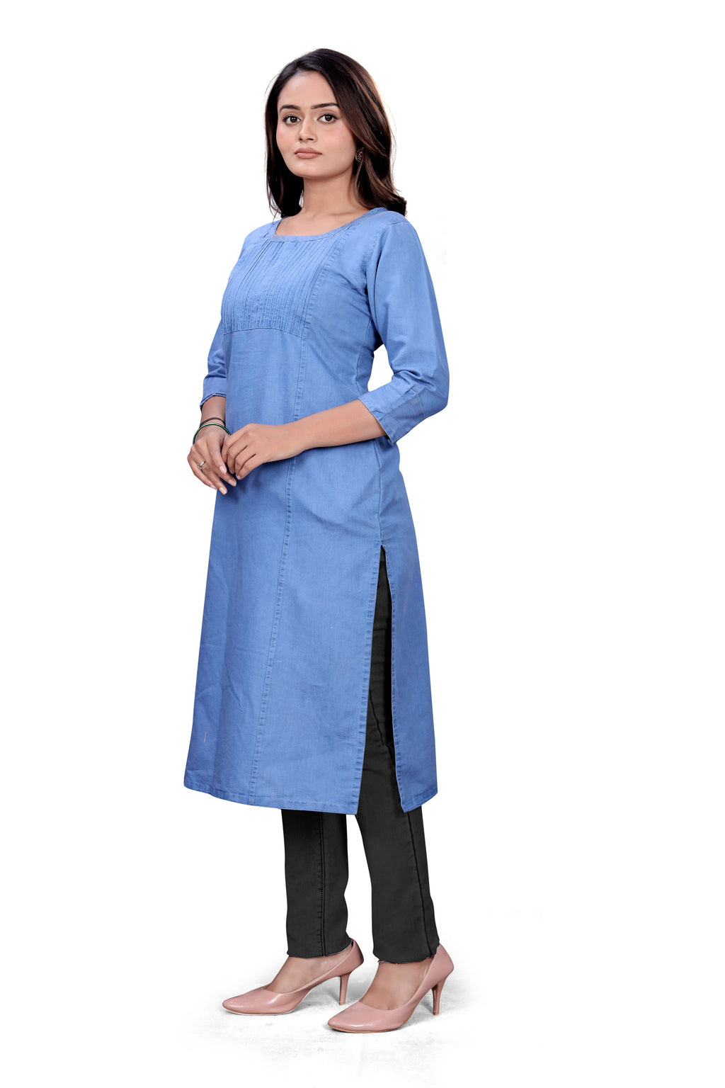 Pintex Kurti For Women’s Light Blue Denim Straight Kurti with Pintuck Detailing