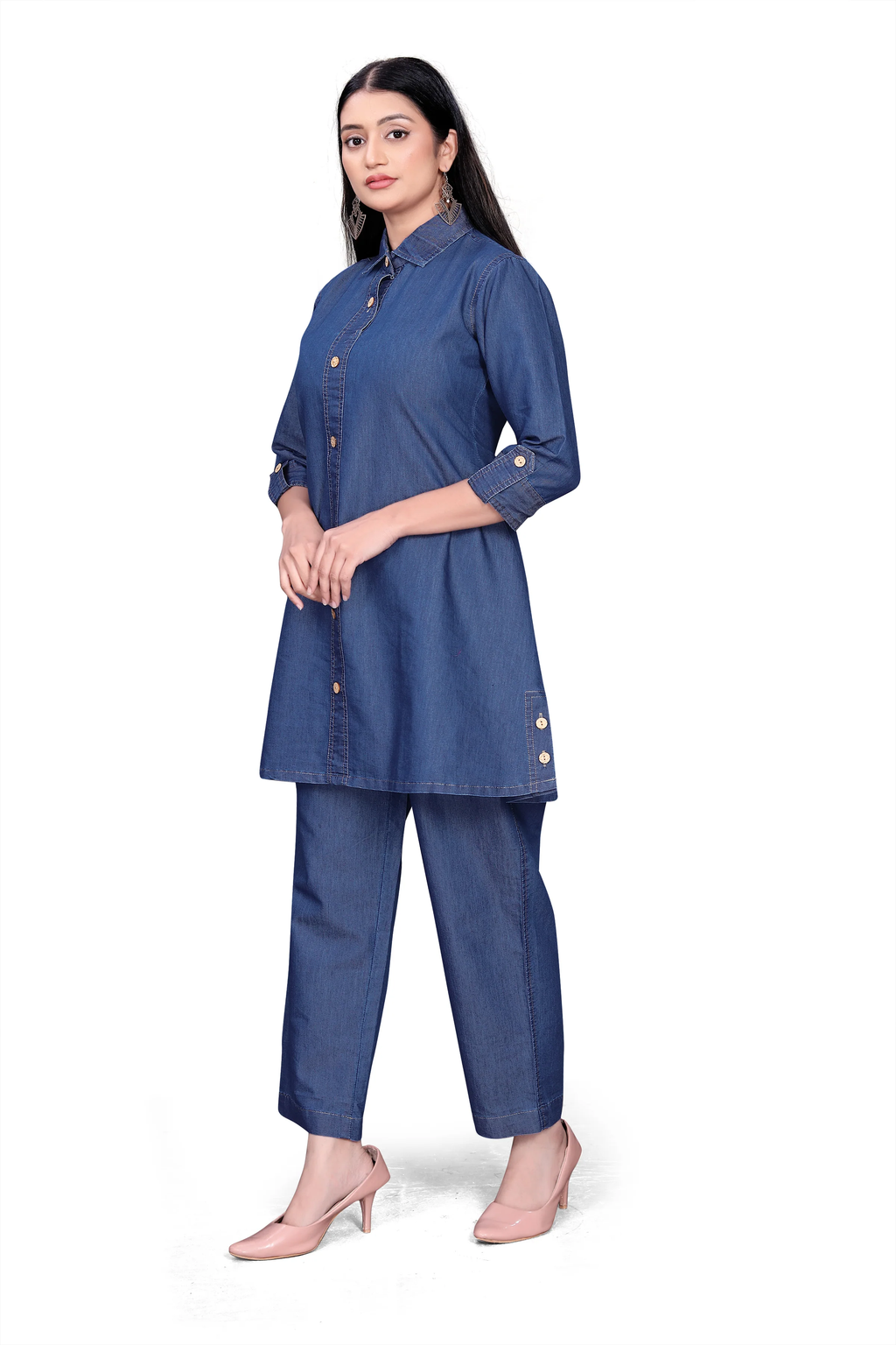 Casual Denim Kurti and Pant Set – Button Front Design