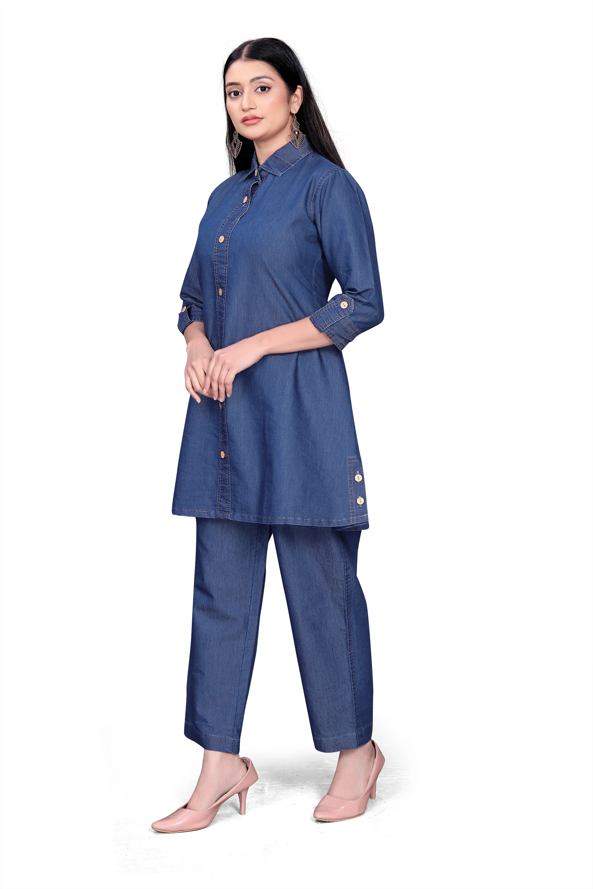 Casual Denim Kurti and Pant Set – Button Front Design