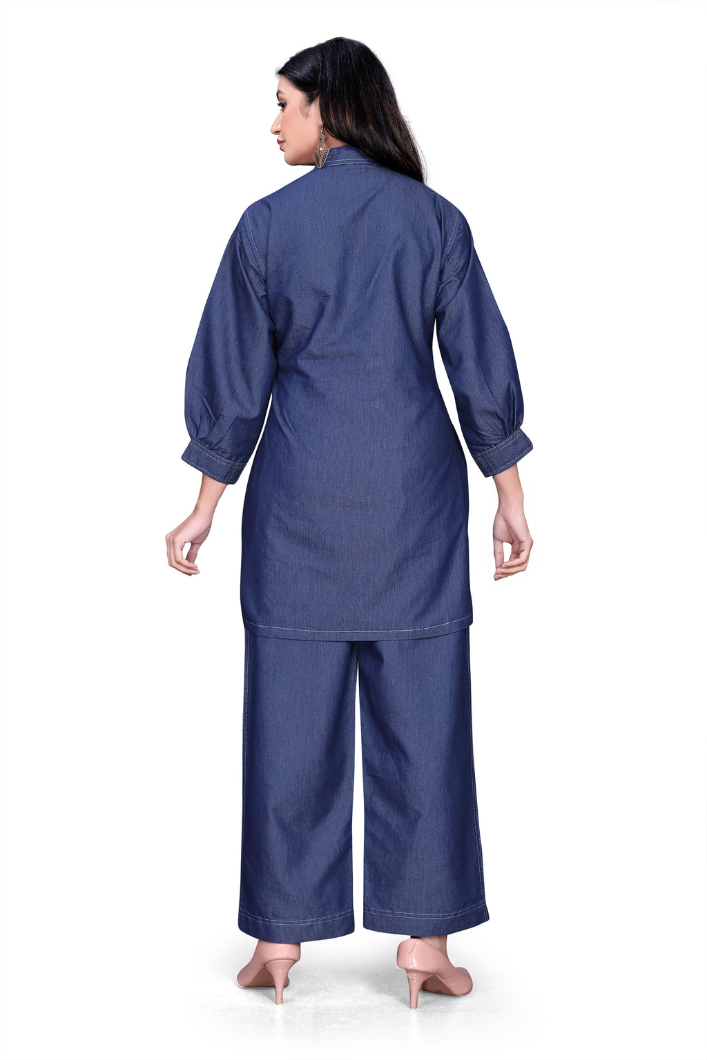 Denim Blue V-Neck Top & Wide-Leg Pants Co-Ord Set