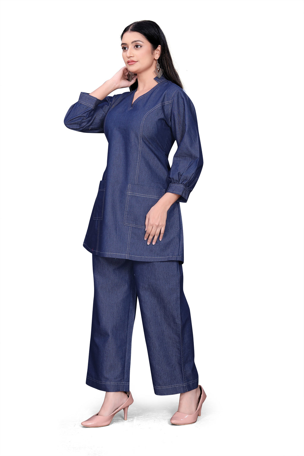 Denim Blue V-Neck Top & Wide-Leg Pants Co-Ord Set