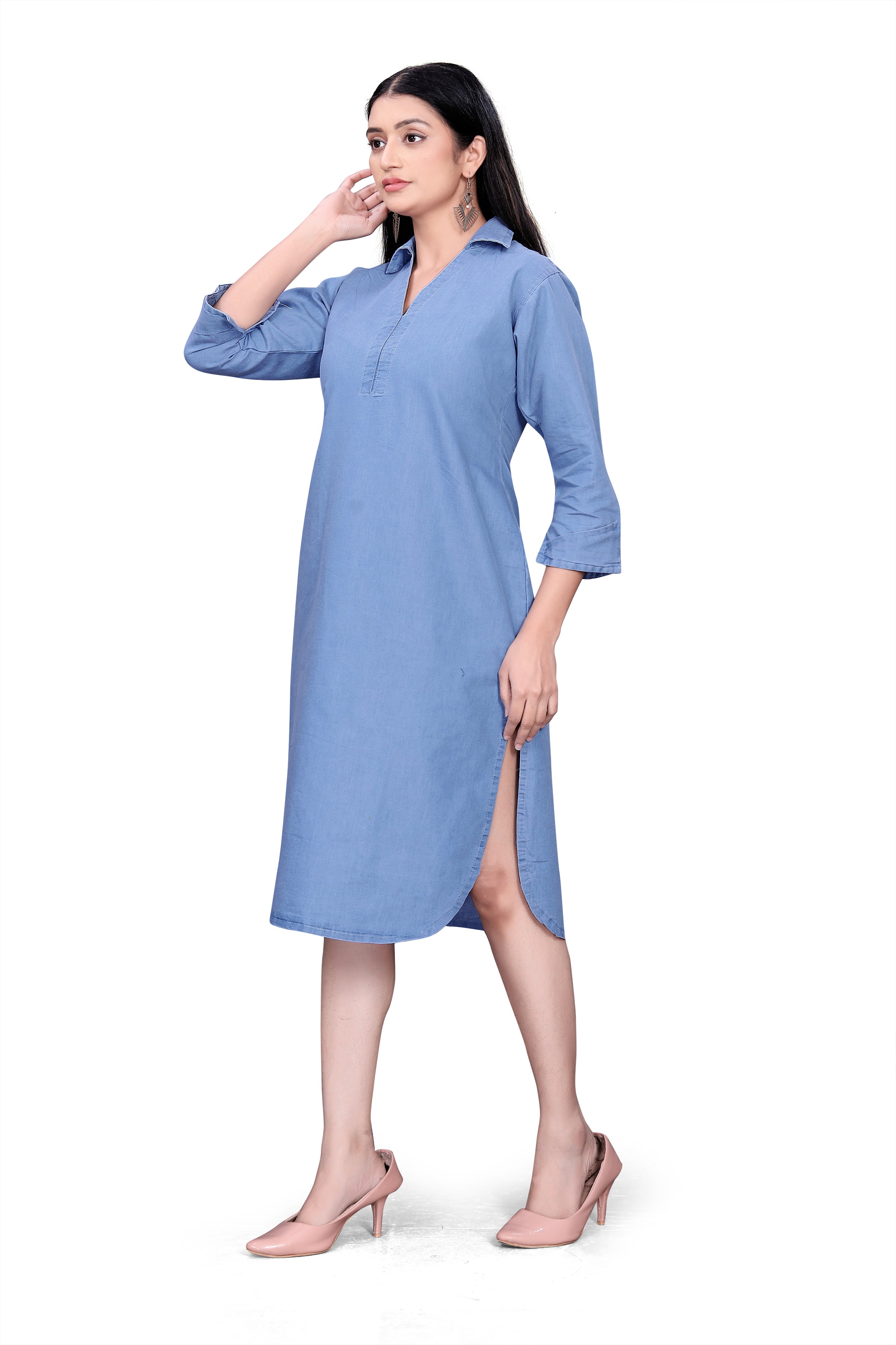 V Collar  Effortless Chic Denim Tunic Dress