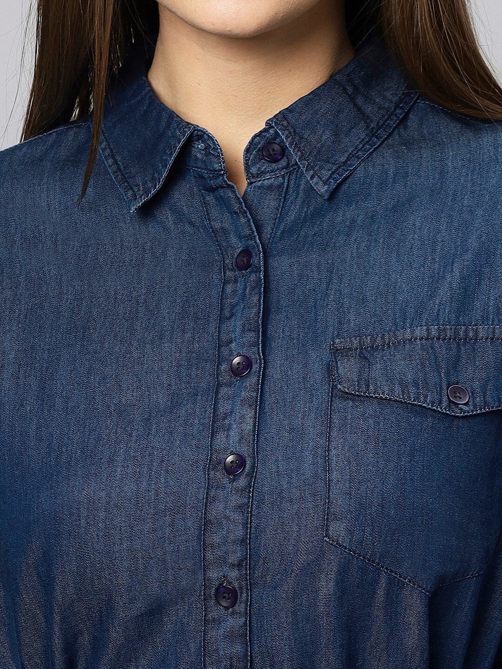 Belt Shirt Women’s Dark Blue Denim Shirt with Waist Belt & Full Sleeves