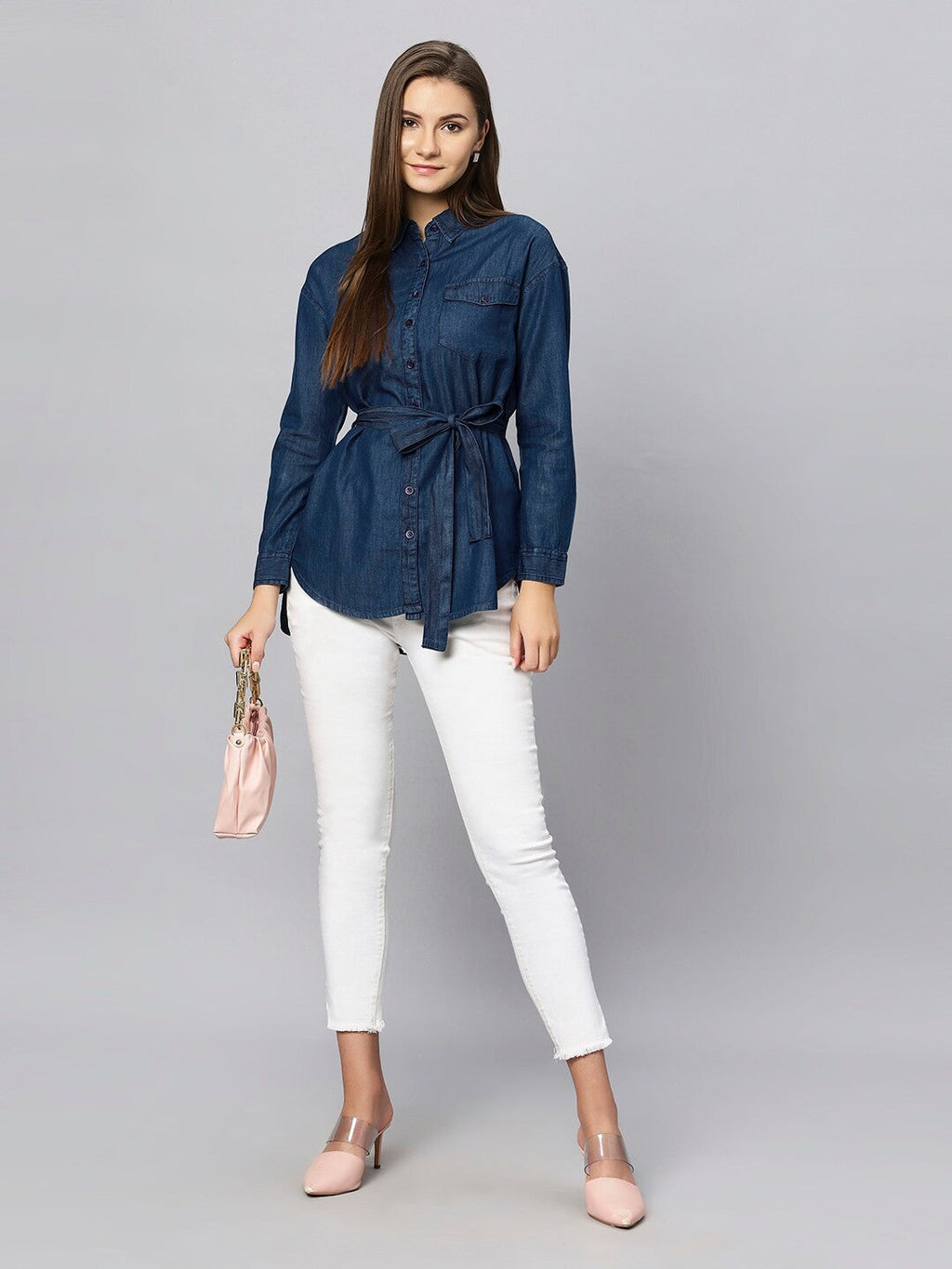 Belt Shirt Women’s Dark Blue Denim Shirt with Waist Belt & Full Sleeves