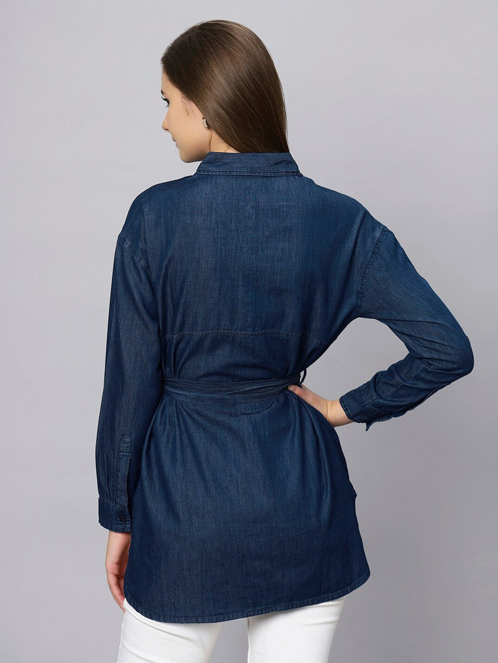 Belt Shirt Women’s Dark Blue Denim Shirt with Waist Belt & Full Sleeves